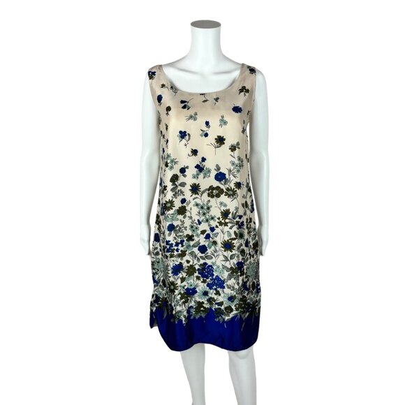 Vintage 60s Floral Dress Women's Small Blue Border Print Acetate Thin Shift - Picture 1 of 10
